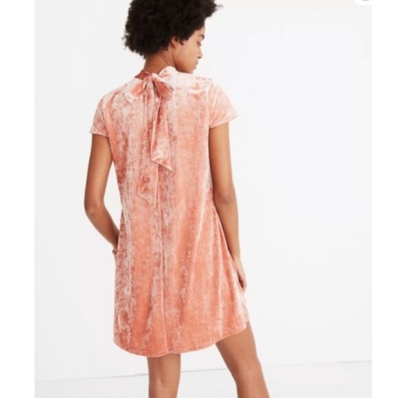 Madewell Blush Pink Crushed Velvet Dress Tie Back Short Sleeve Mock Neck Size L - Picture 4 of 13